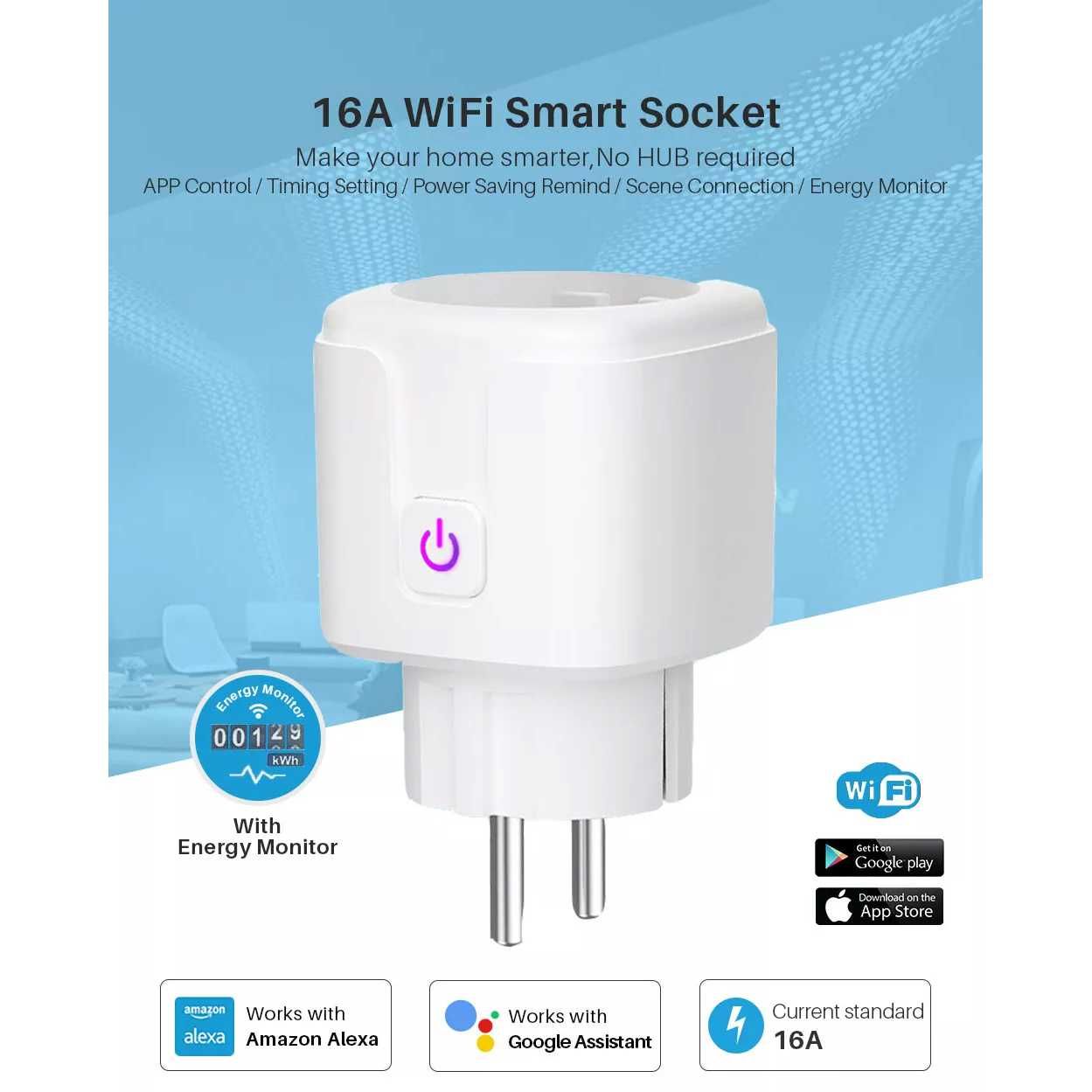 Смарт WiFi контакт STELS, 16A, Гласов контрол, Google Home, Alexa