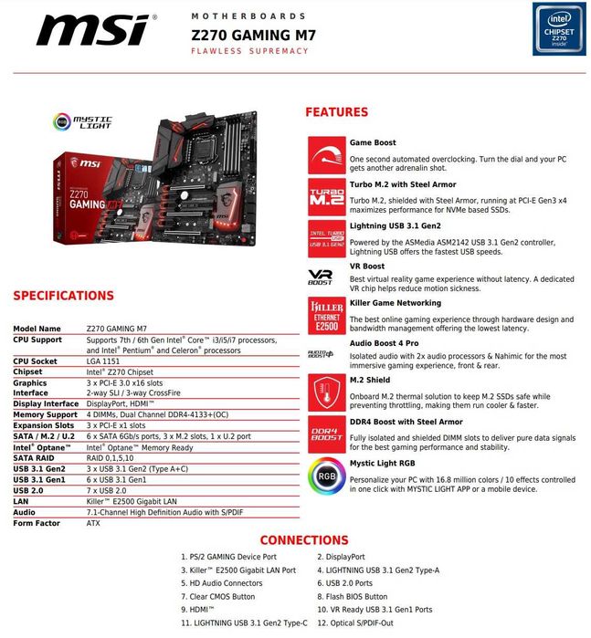Дъно Дънна платка MSI Z270 GAMING M7 1151 DDR4 OVERCLOCK