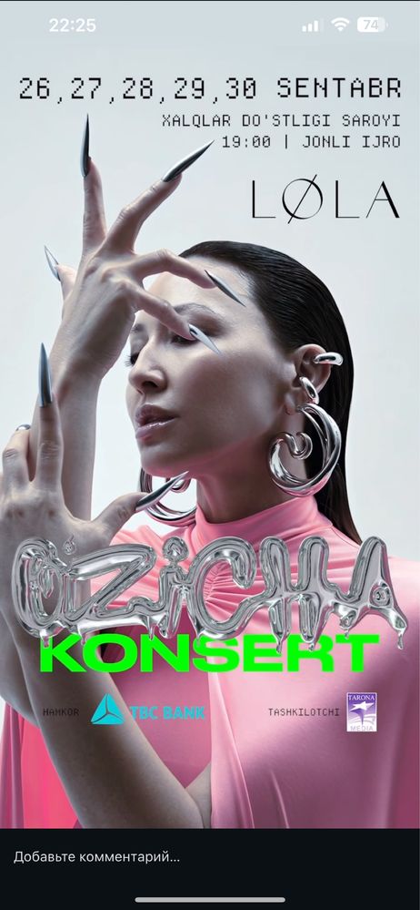 Lola O’zicha konsert 30 sentabr