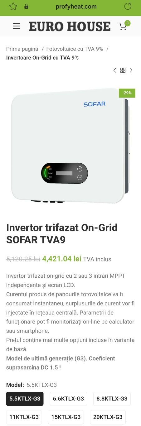 Invertor trifazat On-Grid SOFAR TVA9 6 kw