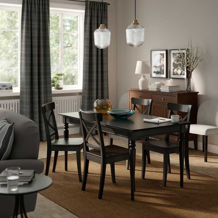 Scaun Rosentorp IKEA negru + perna Malinda gri (4 buc)