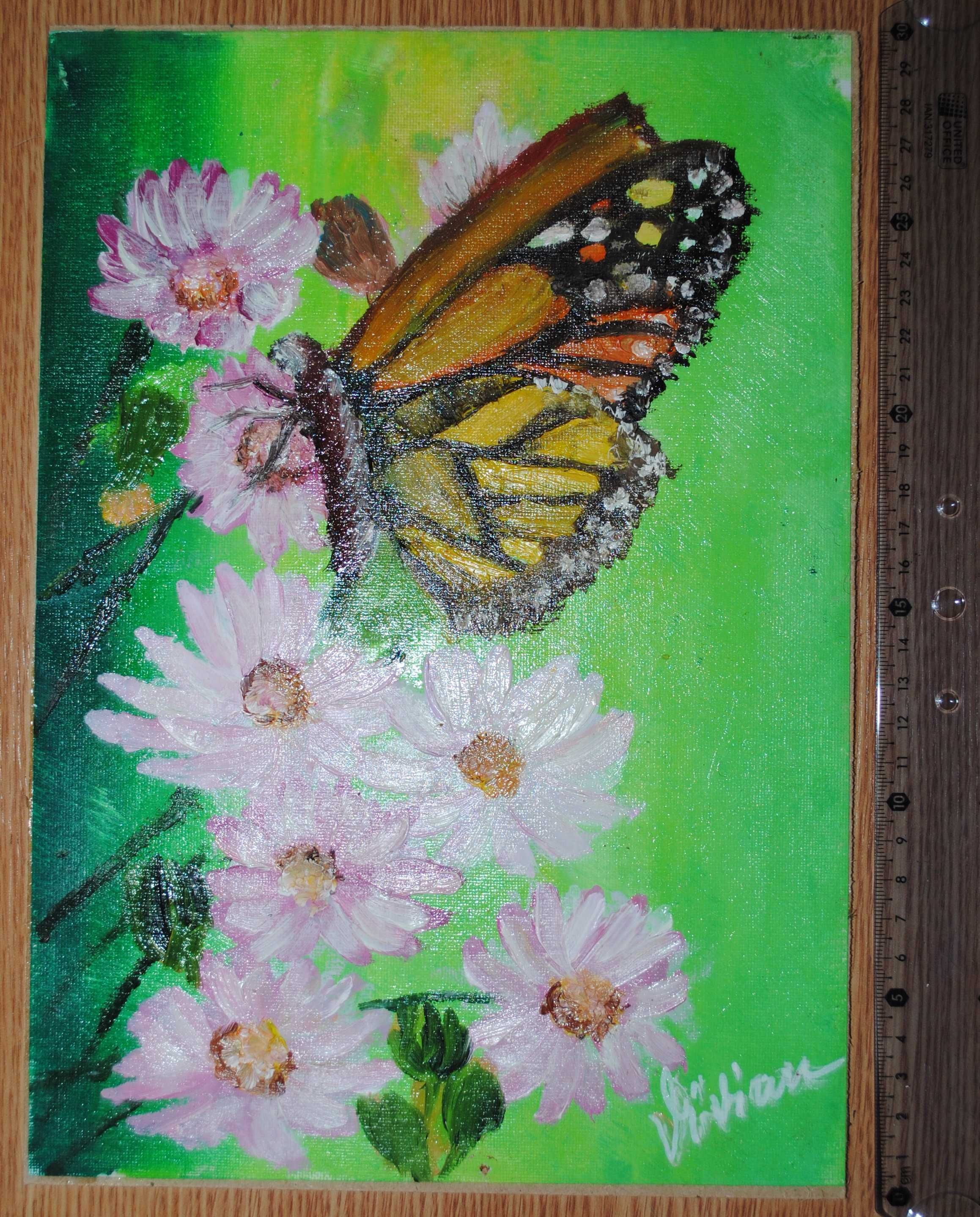 Tablou original, ulei pe panza (canvas) - Primavara - fluture si flori