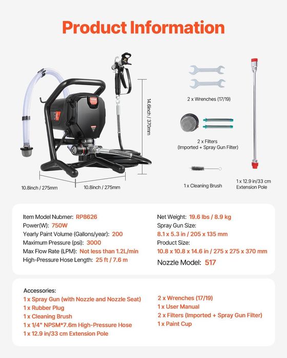 Безвъздушна бояджийска машина Vevor, 750W, 3000 psi, маркуч 15 м