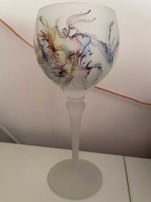 Vaza si sfesnic sticla fantezie handmade vintage impecabil 20/6cm