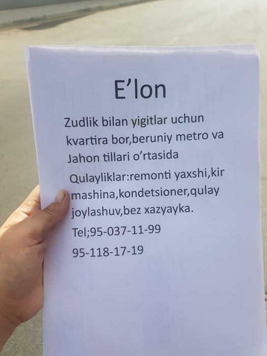 Yigitlarga arzon qulay kvartira