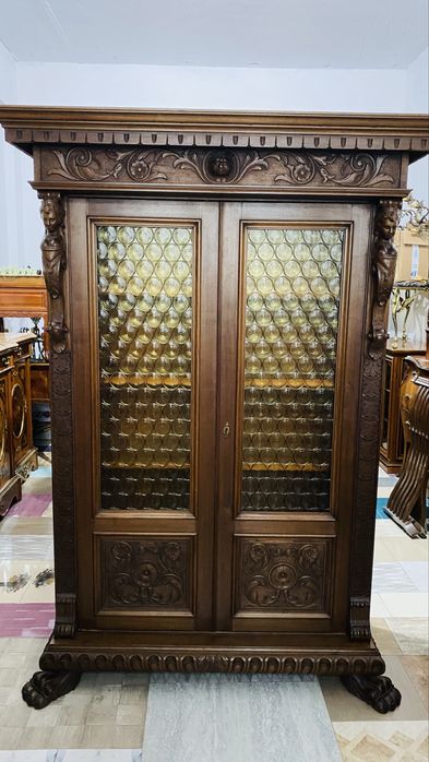 Biblioteca Dulap Lemn Vintage Sculpturi Picioare Gheare Leu
