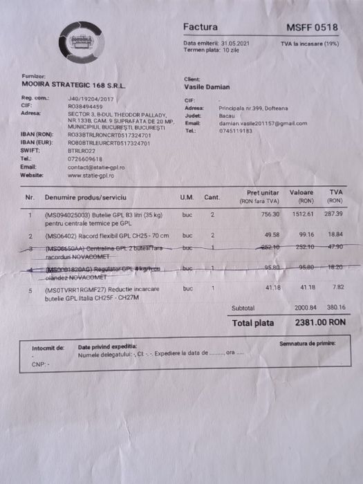 Vând set 2 butelii GPL 83 litri (35 kg) + accesorii

Vând 2 butelii GP