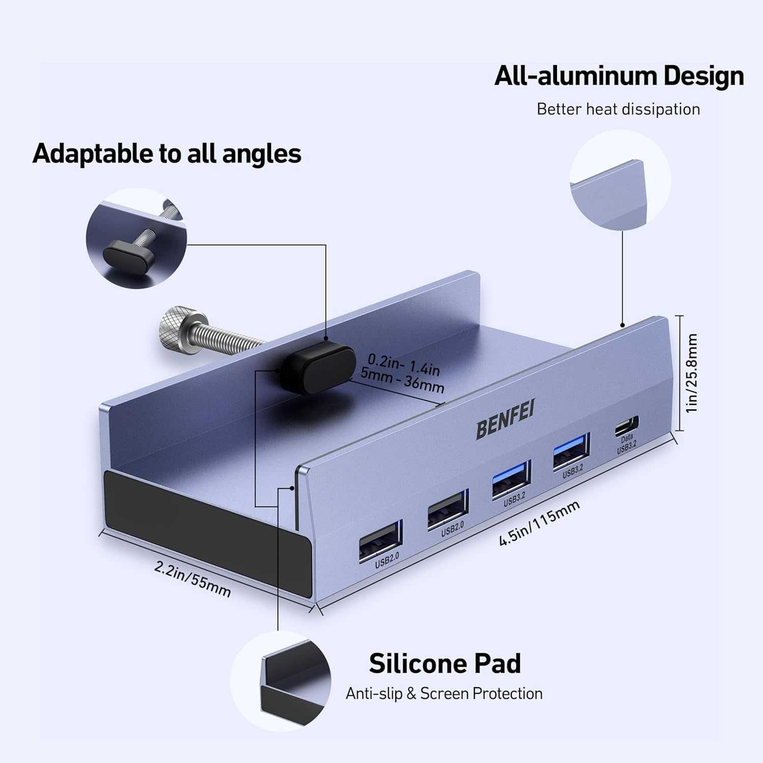 BENFEI 8-в-1 USB C хъб със сигурна скоба – 4K/60Hz HDMI, 2 x USB-A 3.2