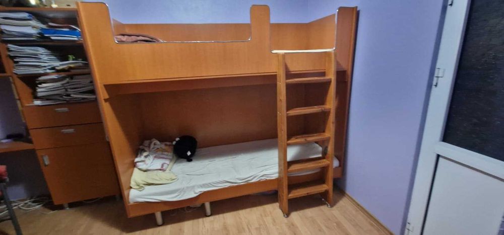 Pat etajat 200x80 din pal culoare cires cu scara lemn & saltele