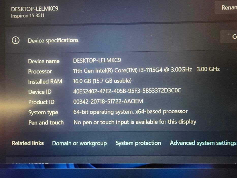 Лаптоп DELL 3511 / i3-1115G4 / 240Gb NVME + 500 HDD/ 16Gb DDR4