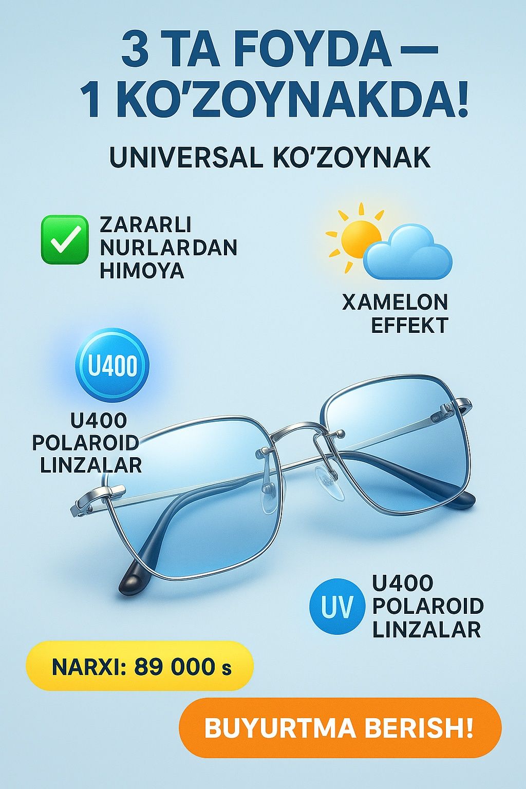 "3 TA FOYDA — 1 KO‘ZOYNAKDA!"
Universal KO‘ZOYNAK – ko‘zlaringiz uchun