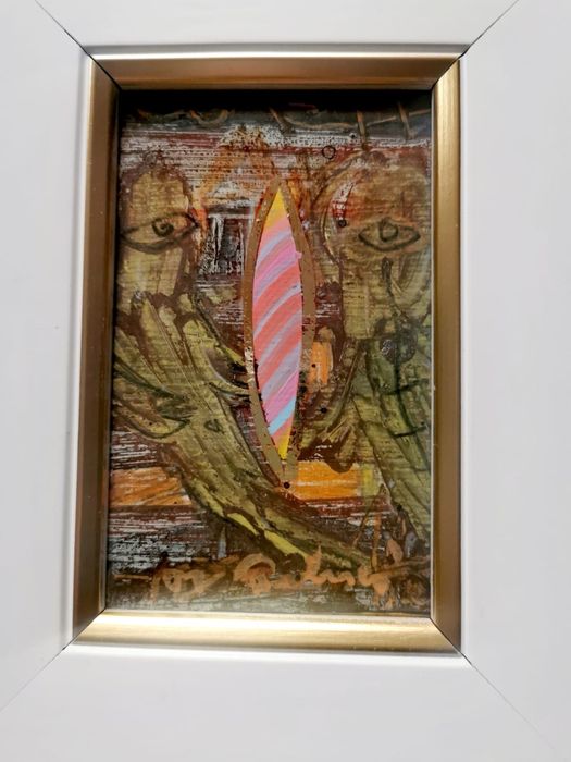 Картина миниатюра  масло дърво  “ Диалог “ Никола Певичаров Пловдив