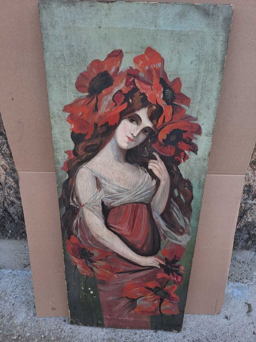 tablou vechi pictura pe panza 103/42 cm semnat