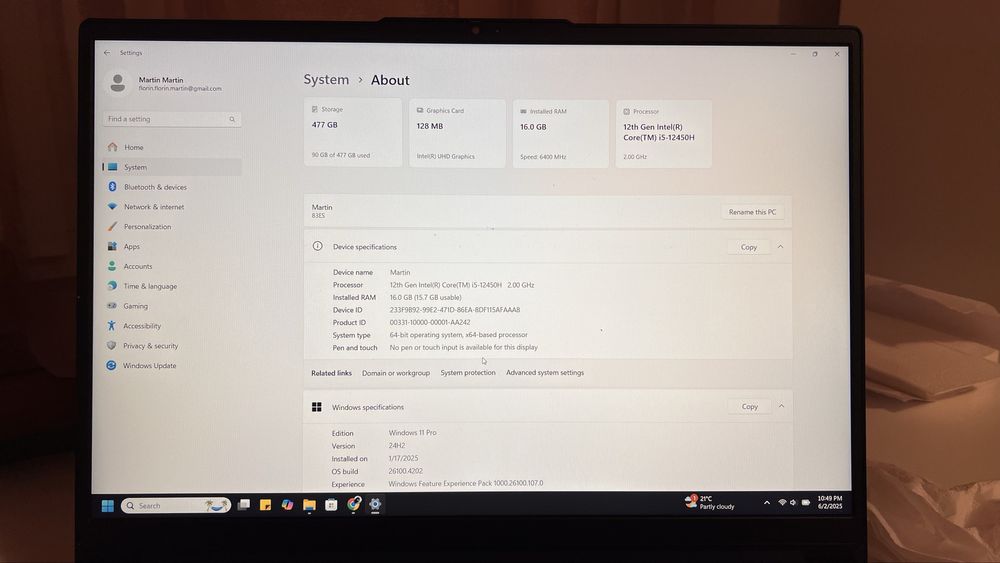 Laprop Lenovo -Intel core I5(Gen 12),16 GB RAM,SSD 477GB-windows 11 Pr