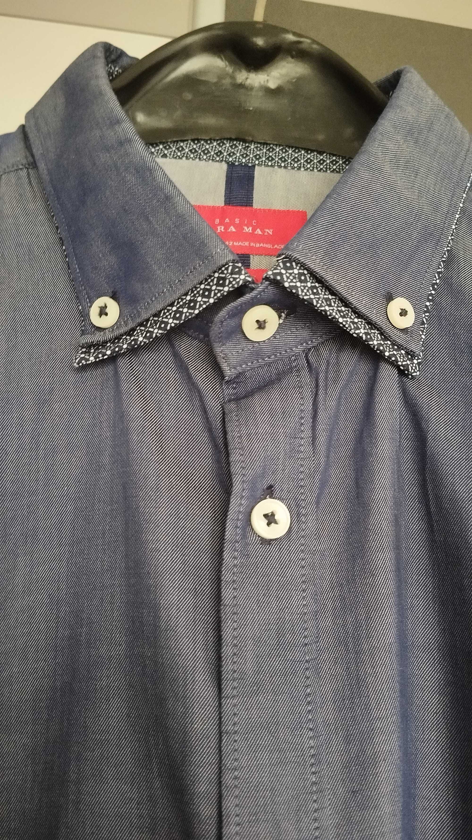 Нова мъжка риза Zara размер L Slim Fit в тъмно син цвят памук
