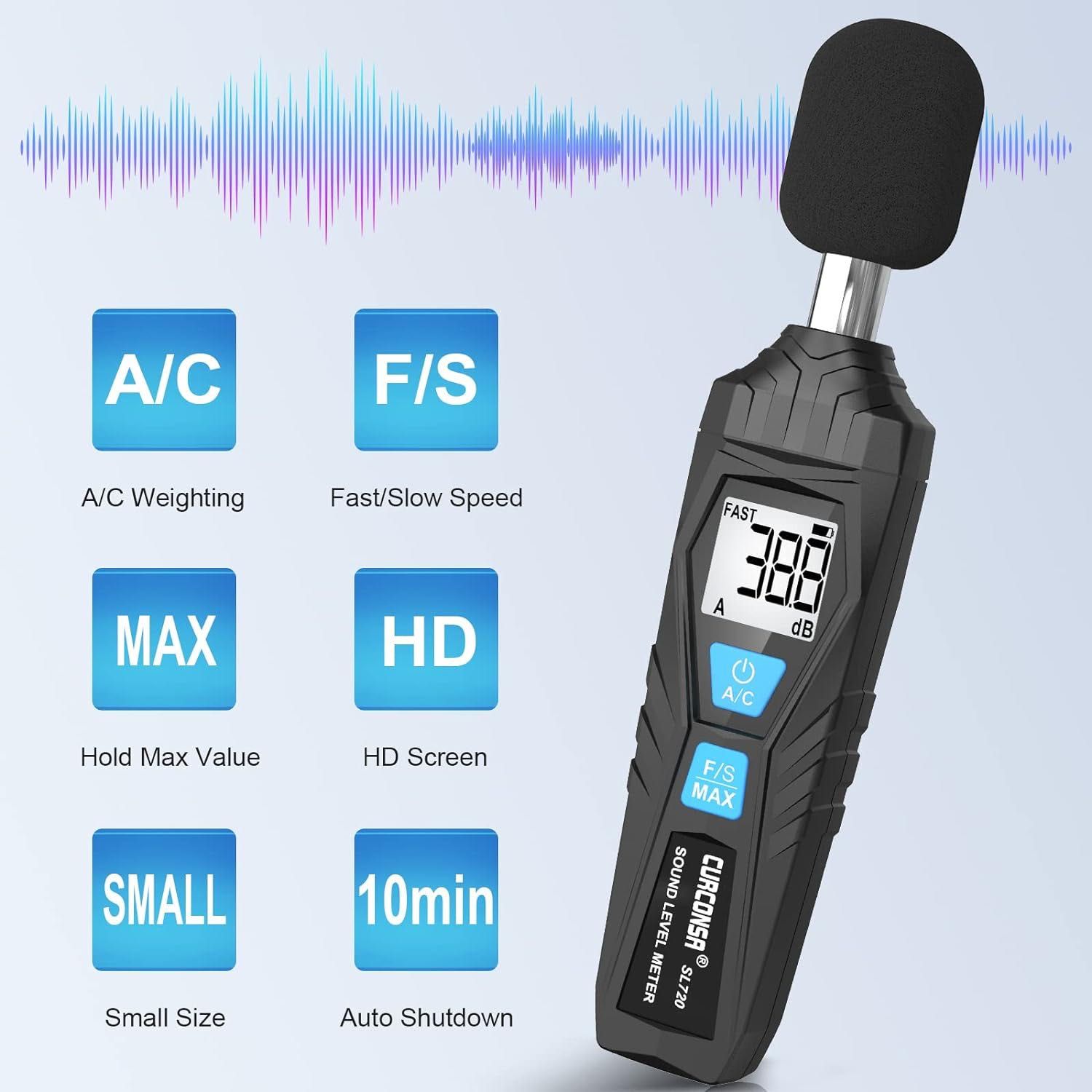 Sound Level Meter, CURCONSA, Portable Decibel Meter, 30 dB to 130 dB