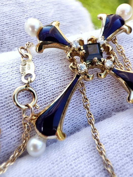 Faberge pandantiv Cruciulita Cruce Aur 14K  Email Diamante Safir Perle