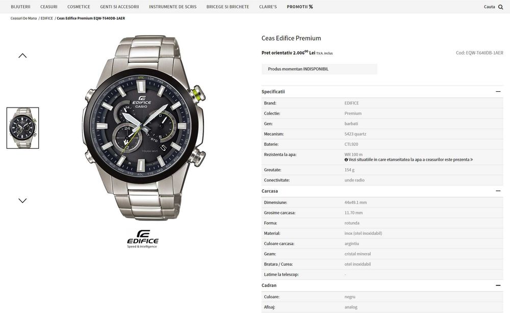 Vand ceas Casio Edifice EQW-T640DB-1AER