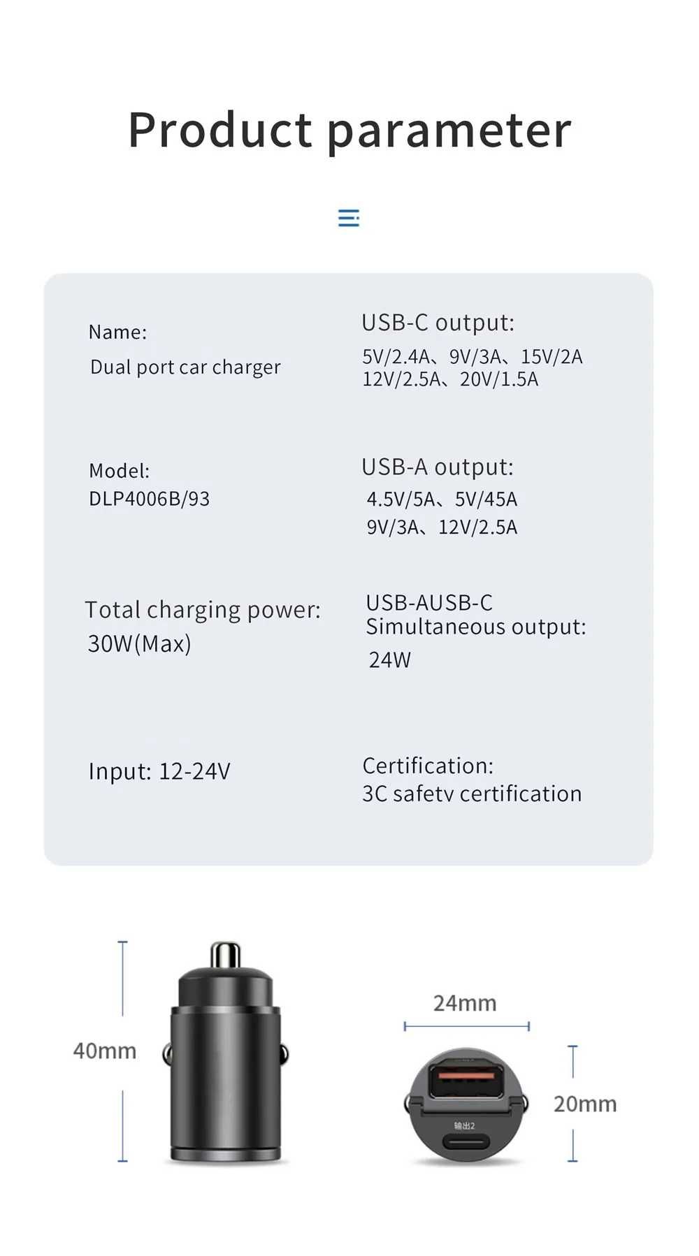 Mini 100W PD QC Зарядно за телефон за кола автомобил Type-C