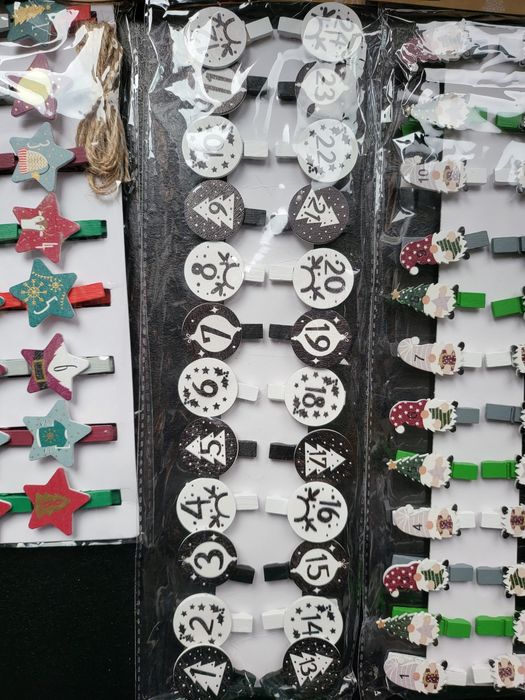 Коледен календар Комплект 24 дървени щипки за адвент календар 3 вида