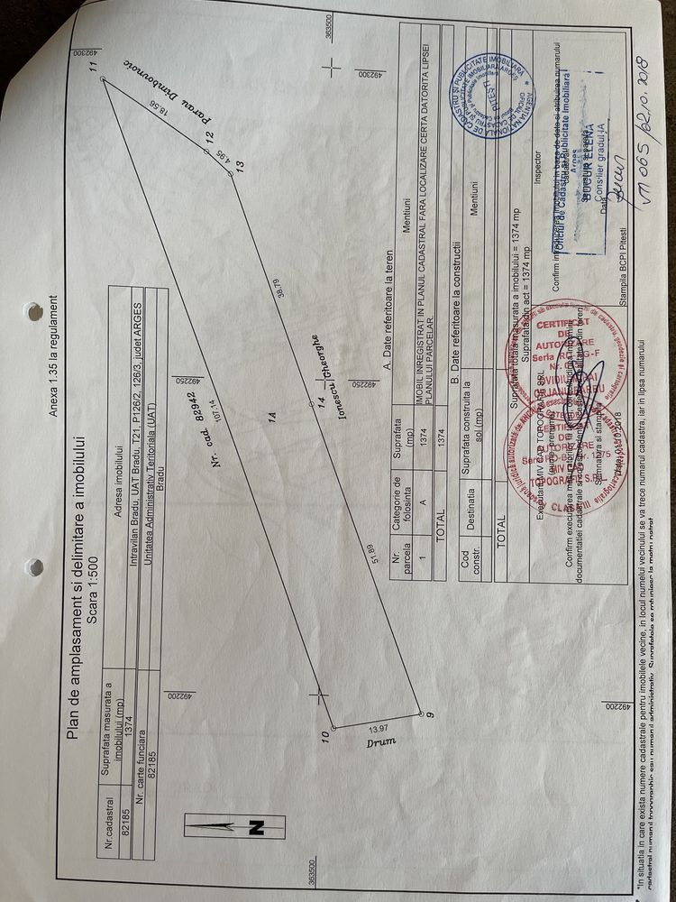 Teren 1374 mp - Bradu la strada principala, Intravilan