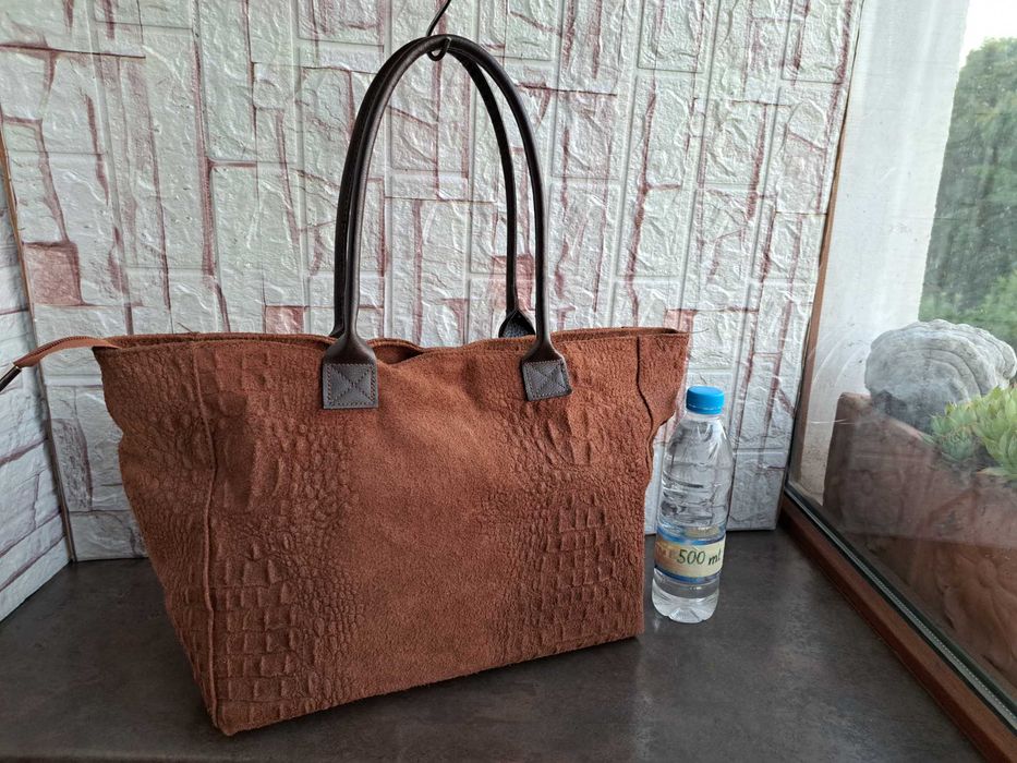 дамска чанта,ръждиво кафява торба-естествена велур,кожа