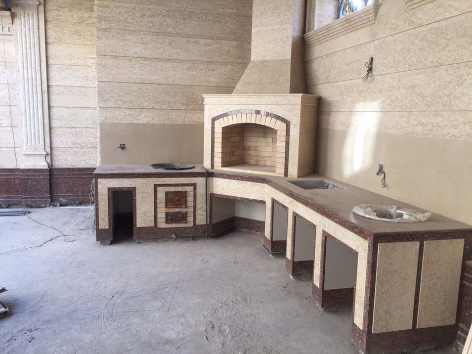 Летняя кухня Барбекю очаг камин пицца печь.