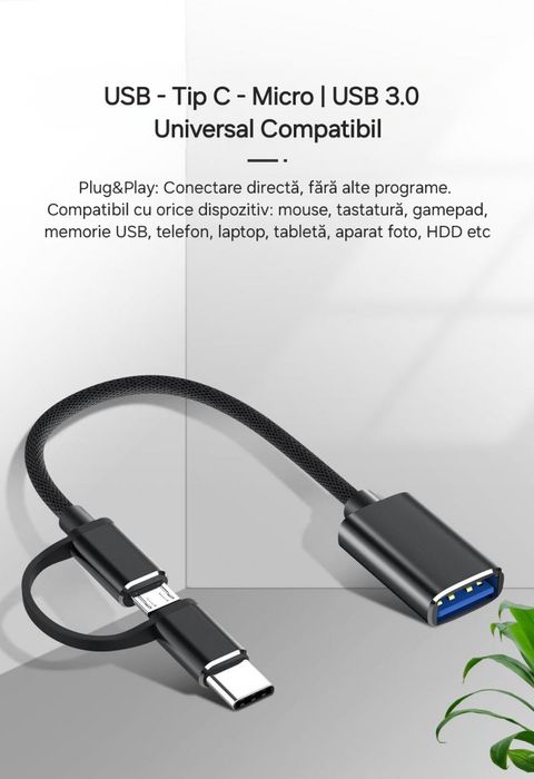 Adaptor/Cititor date 2in1 Usb la UsbC/Micro. Citește Stick USB+HD.