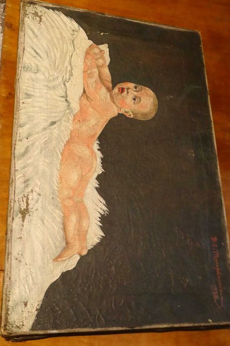 Ulei pe Panza Copil Mic Pictor D. C. Mocofanescu 1928 55/35cm
