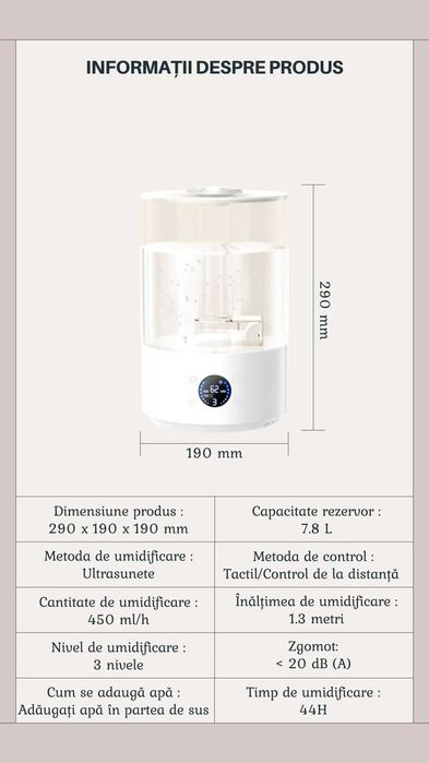 Umidificator de Aer, Sterilizator UV-C, Telecomanda, Rezervor 7.8L