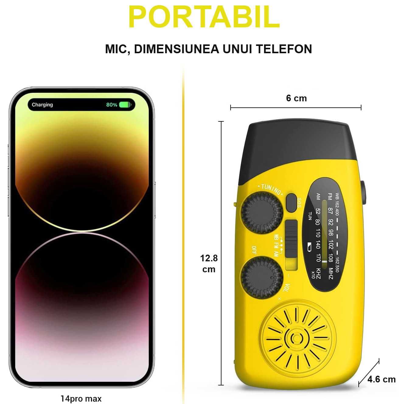 Radio portabil, incarcare solara, prin USB sau manivela, galben/verde