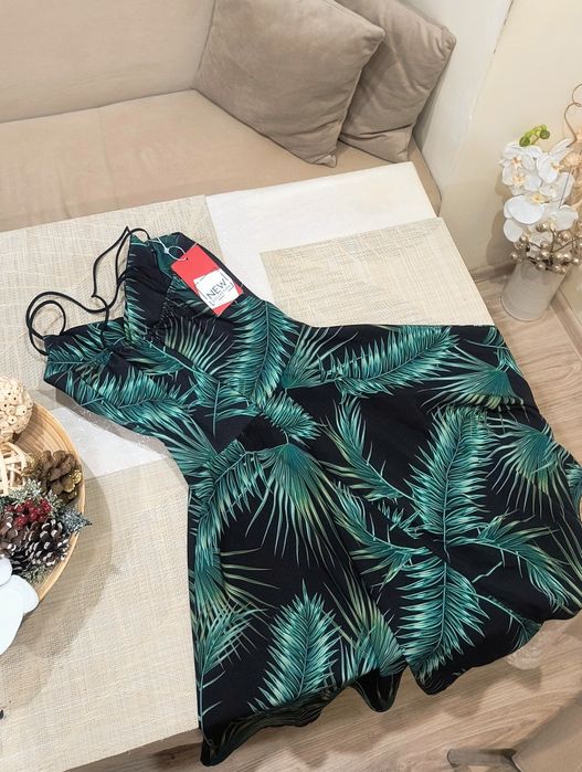 Дамска къса лятна ефирна плажна рокля цял черен бански с подплънки