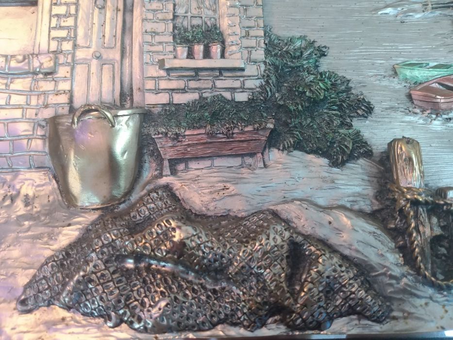 Tablou in relief argint 925, oglinda cristal, pescuit, lac de munte