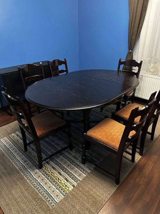 Masa antica din lemn masiv cu 6 scaune