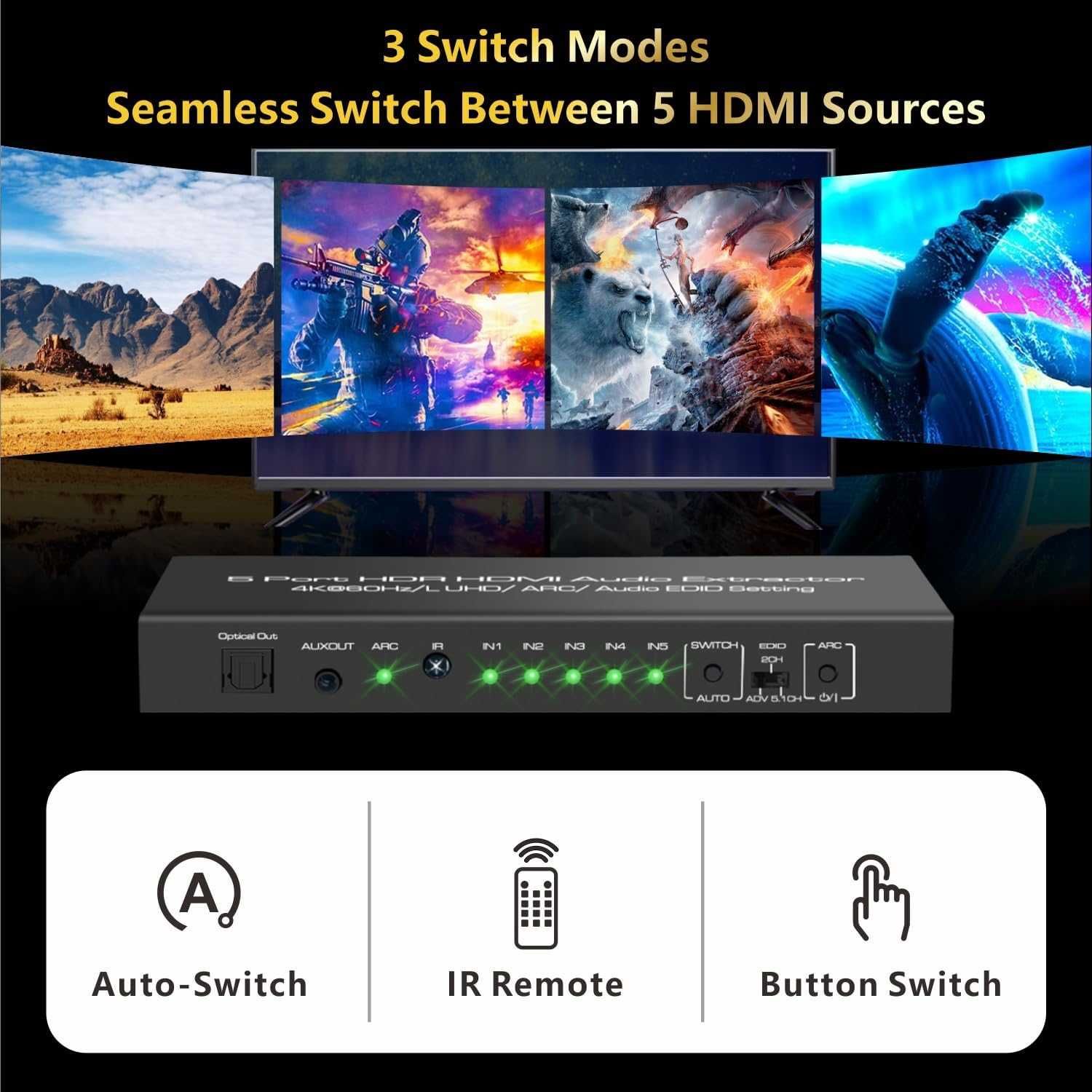 iArkPower 5 входа - 1 изход 4K/60Hz HDMI суич - аудио екстрактор