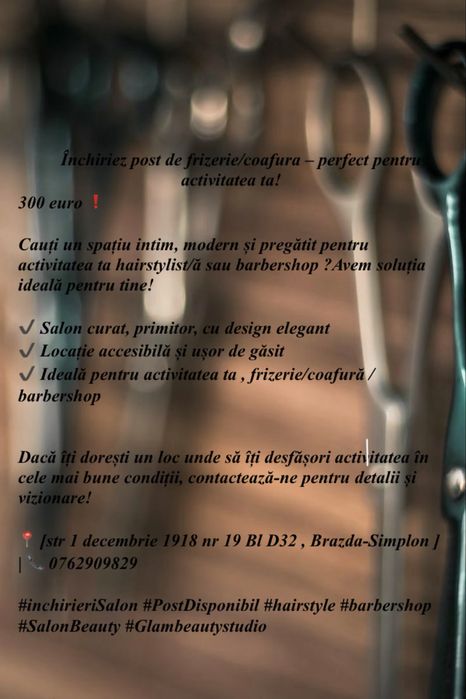 Închiriez Post Coafura/Frizerie/Barbershop