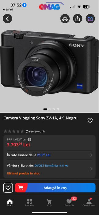Sony ZV-1A Aparat Foto Compact pentru Vlogging 4K 20MP