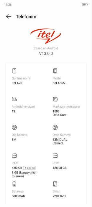 Itel A665L – 1 oy ishlatilgan, ideal holat!