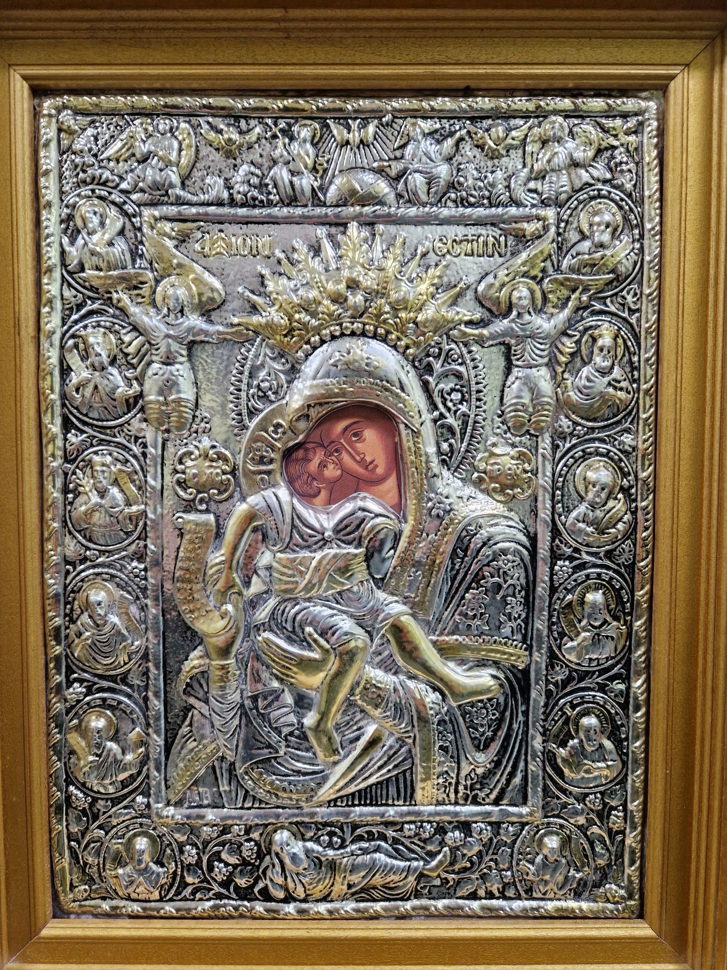 Превъзходна голяма антикварна икона със сребърно и златно покритие