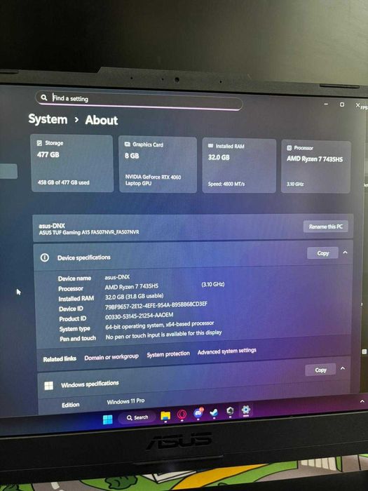 Laptop Asus TUF A15 - Ryzen 7 7435HS, RTX 4060 8GB, 32gb RAM garantie