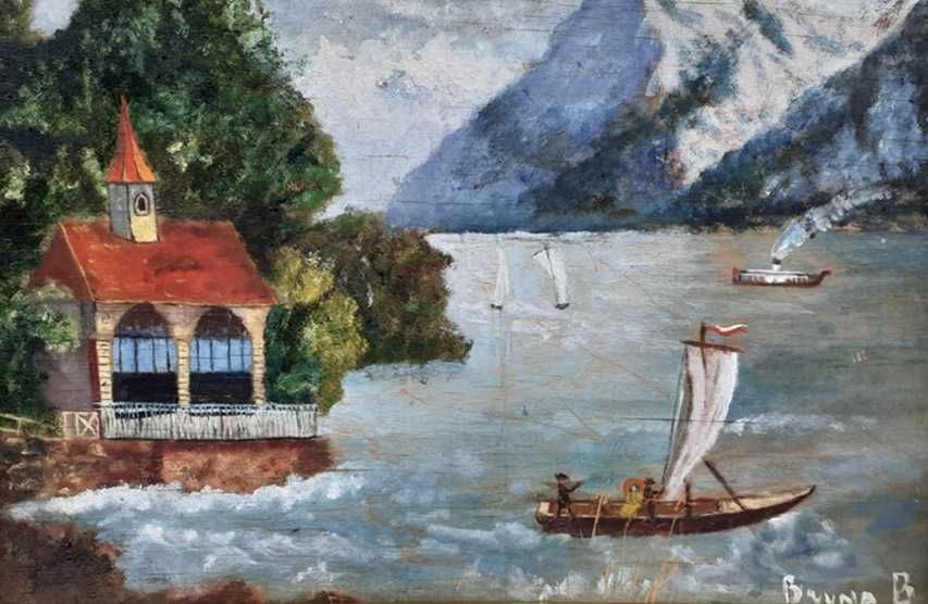 Tablou vechi - peisaj cu barci - semnat Bruna B