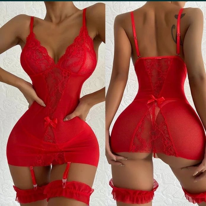 Costum Sexi 3 piese, Lenjerie Sexi Dantela cu portjartiere și Tanga