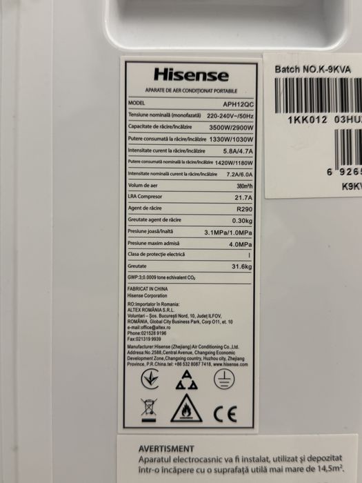 Aer conditionat portabil HISENSE PORTABIL WIFI 1200BTU