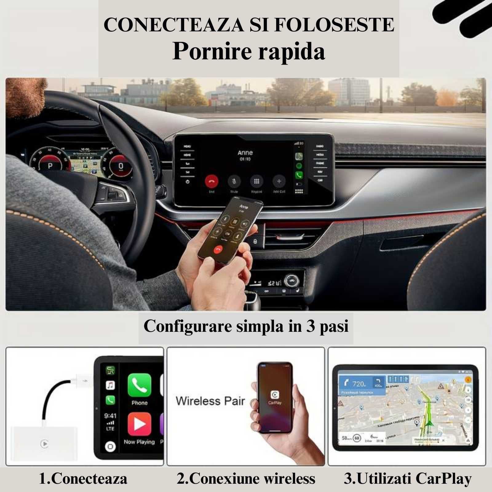 Modul Carplay wireless pentru playere cu Carplay dar prin cablu, IOS