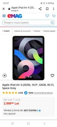 Sigilat! Ipad Air 4, 64Gb, Wi-fi, 10.9" Space Grey