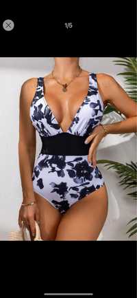 Costum de baie intreg alb negru cu motiv floral Marime S