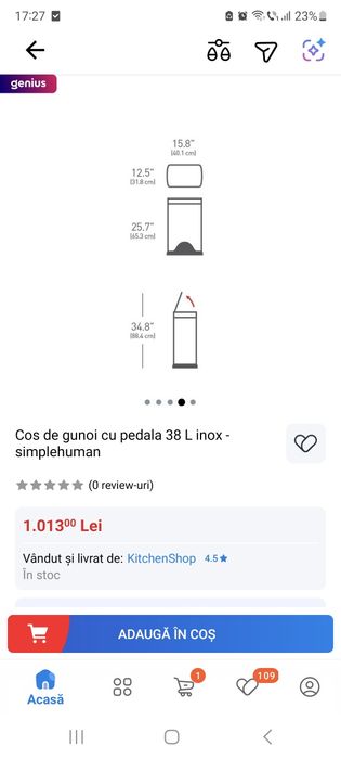 Cos de gunoi cu pedala 38 L inox - simplehuman