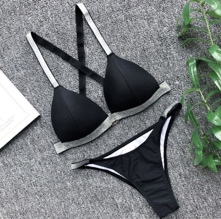 Costum baie C110 (Daira-Shop.ro) negru argintiu PushUp Talie inalta