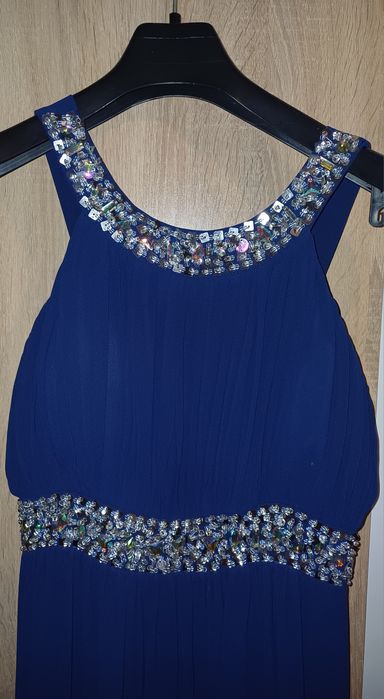 Официална синя рокля с камъни и пайети
