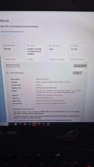 Laptop Gaming ASUS ROG G703GXR i7-9750H ram 40gb rtx 2080